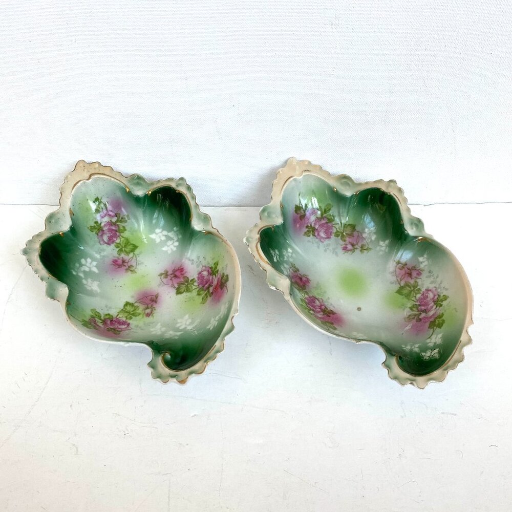 2 Antique MZ Austria Porcelain Candy Trinket Bowl Dish Gilt Edge Green Pink Rose